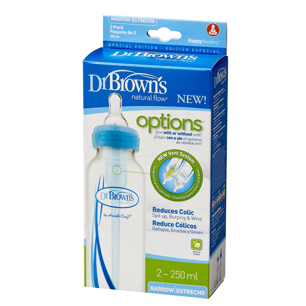 Dr. Brown's  8 oz / 250 ml PP Narrow-Neck "Options" Baby Bottle - Blue, 2-Pack