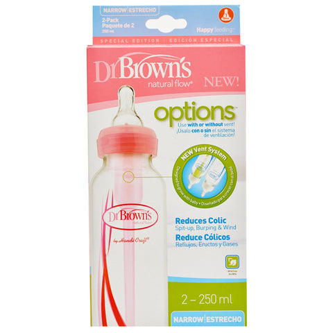 Dr. Brown's  8 oz / 250 ml PP Narrow-Neck "Options" Baby Bottle - Pink, 2-Pack
