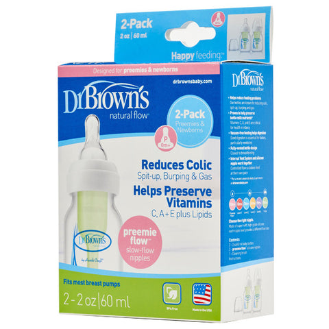 Dr. Brown's 2 oz Natural Flow Baby Bottle, 2-Pack with Preemie Nipples